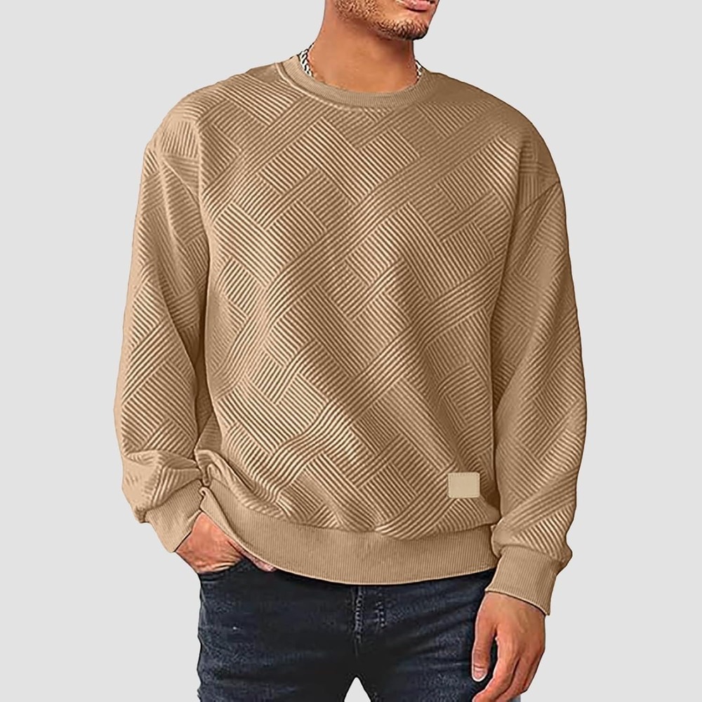 New Textured Geometric Pattern Crewneck Pullover Sweater with Zipper Detail